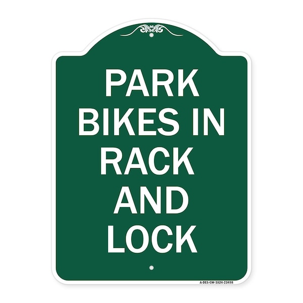 Signmission Park All Bikes in Rack and Lock Sign, Green & White Aluminum Sign, 18" x 24", GW-1824-23498 A-DES-GW-1824-23498 - main